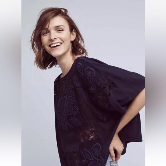 NWT Anthropologie AKEMI+KIN Navy Embroidered Darrie Top Bandana Paisley Boxy Top - Picture 3 of 10